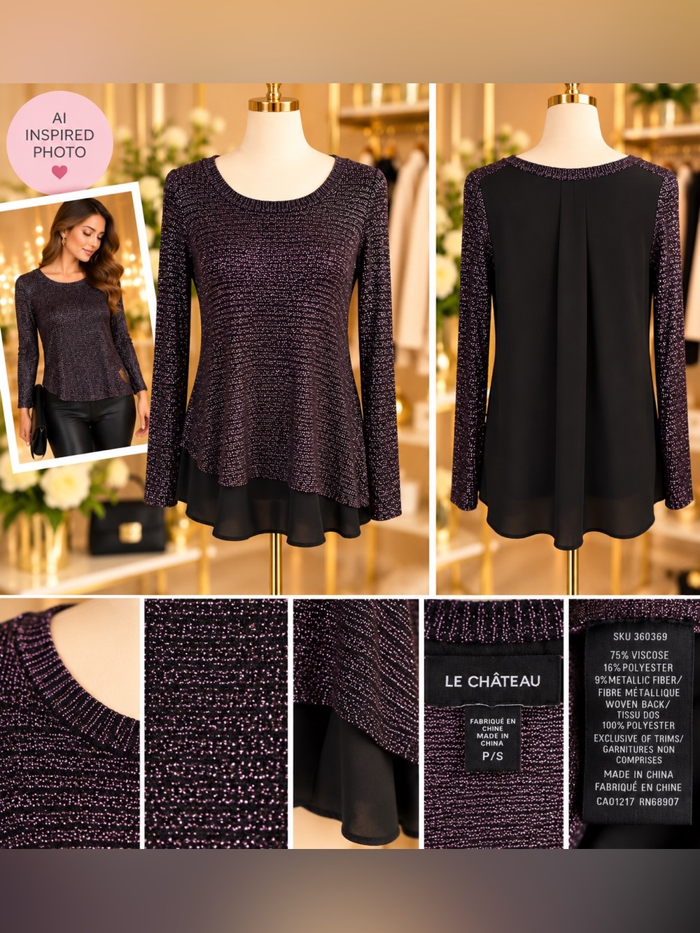Le Château Purple Metallic Knit Peplum Top Size S